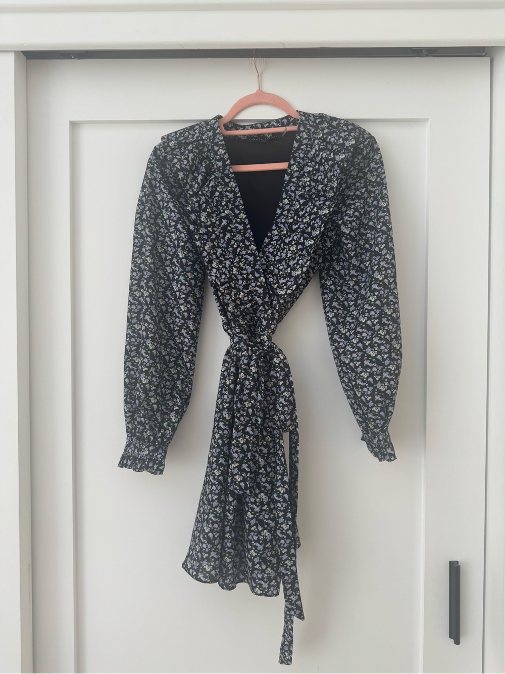 English Factory Black Floral Wrap Dress with White Print